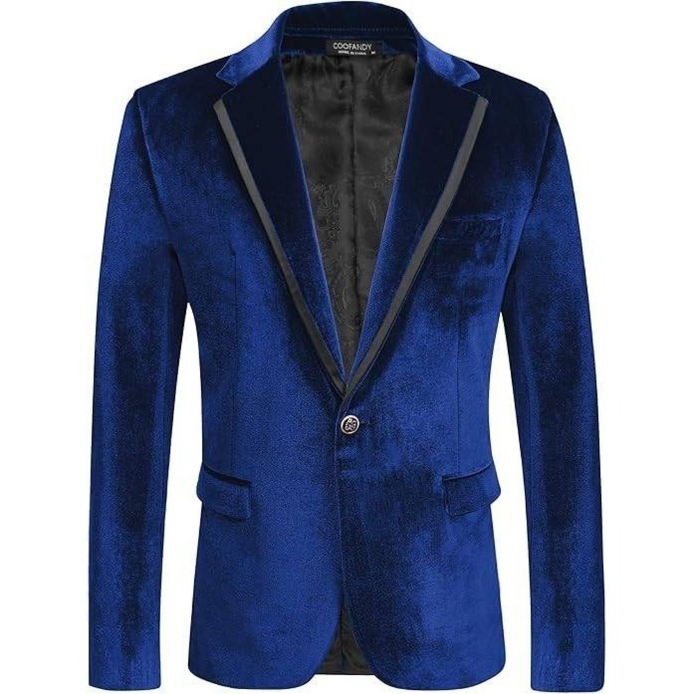 COOFANDY Mens Velvet Blazer Navy Blue Single Button Lapel‎ Tuxedo Jacket 2XL